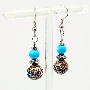 Artisan Glass Beaded Earrings Drop Dangle Blue Brown Spattered Silver Tone 1.75"